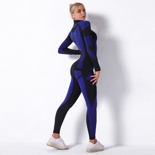 Autumn Color Patchwork Yoga Set Women Gym Clothes Fitness Long Sleeve Top Leggings Suit Push Up Workout New Tracksuit-5