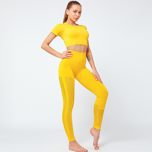 Seamless Solid Yoga Suit Women Gym Clothes Short Sleeve Crop Top Hollow Out Leggings Sport Tracksuit Fitness Workout Outdoor Set-7