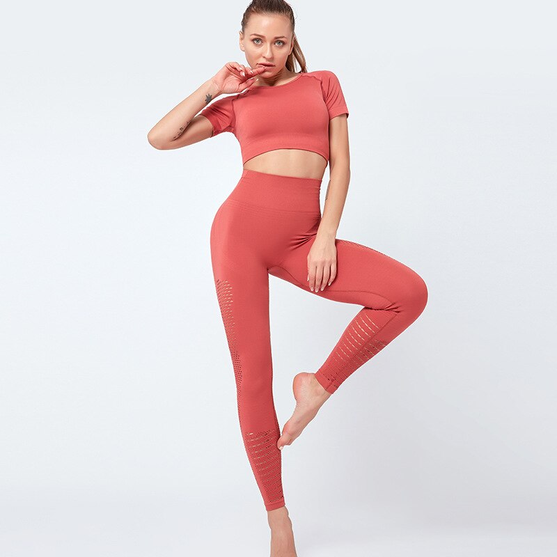 Seamless Solid Yoga Suit Women Gym Clothes Short Sleeve Crop Top Hollow Out Leggings Sport Tracksuit Fitness Workout Outdoor Set-5
