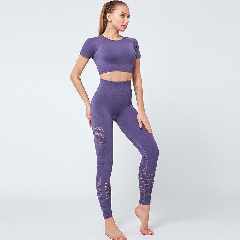 Seamless Solid Yoga Suit Women Gym Clothes Short Sleeve Crop Top Hollow Out Leggings Sport Tracksuit Fitness Workout Outdoor Set-6