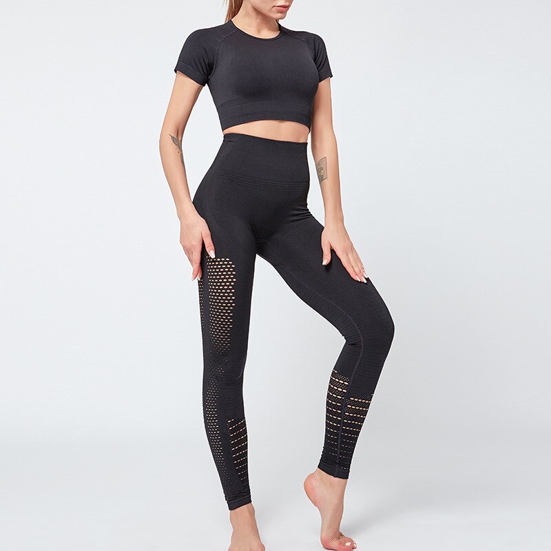 Seamless Solid Yoga Suit Women Gym Clothes Short Sleeve Crop Top Hollow Out Leggings Sport Tracksuit Fitness Workout Outdoor Set-4