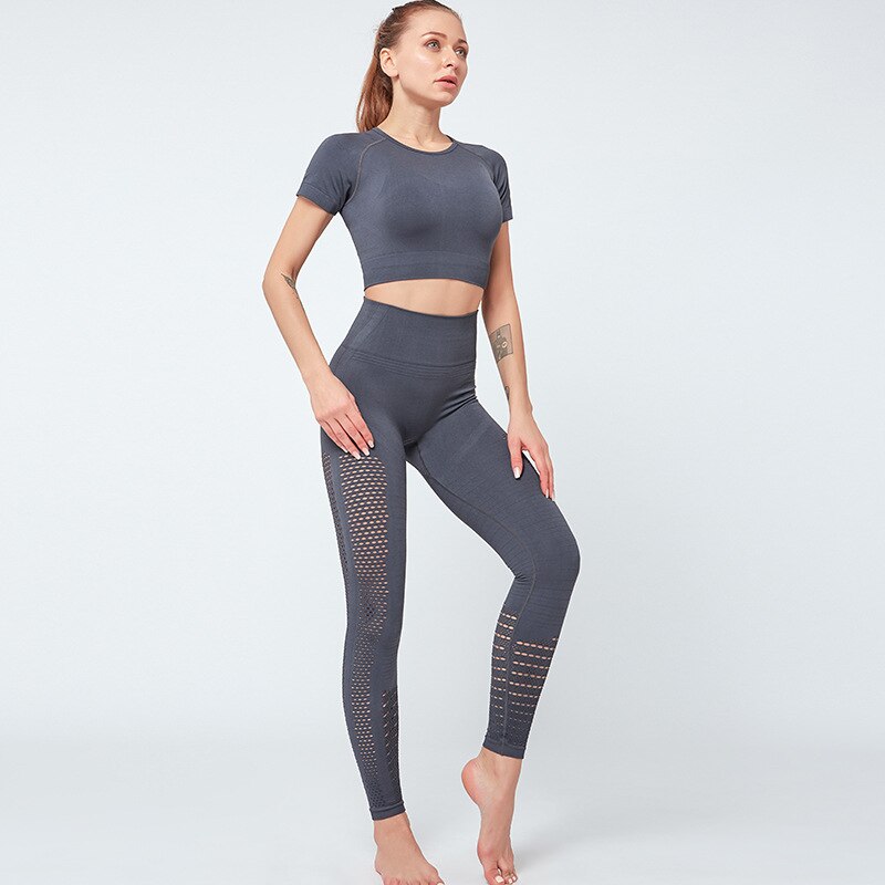 Seamless Solid Yoga Suit Women Gym Clothes Short Sleeve Crop Top Hollow Out Leggings Sport Tracksuit Fitness Workout Outdoor Set-11
